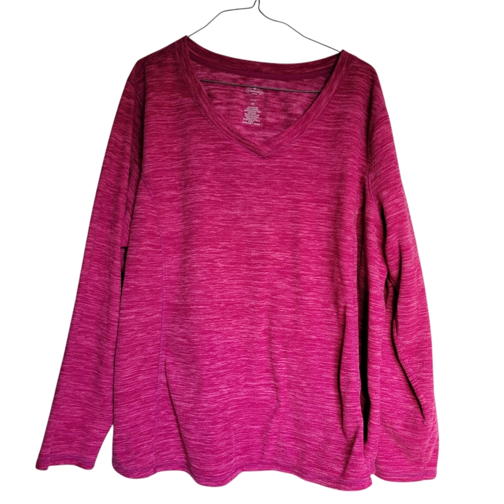 St.Johns Bay Vibrant Pink V-Neck Long Sleeve Shirt, Size: 2X